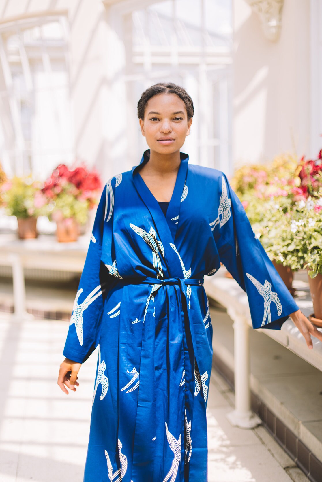 Blue Kimono Robe Ladies Dressing Gown Hand Printed 100 Etsy