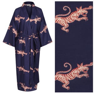 Bata Kimono Yukata - Albornoz ligero de algodón 100% - Maxivestido de mujer estampado a mano - Pájaros - Albornoz azul ligero para mujer