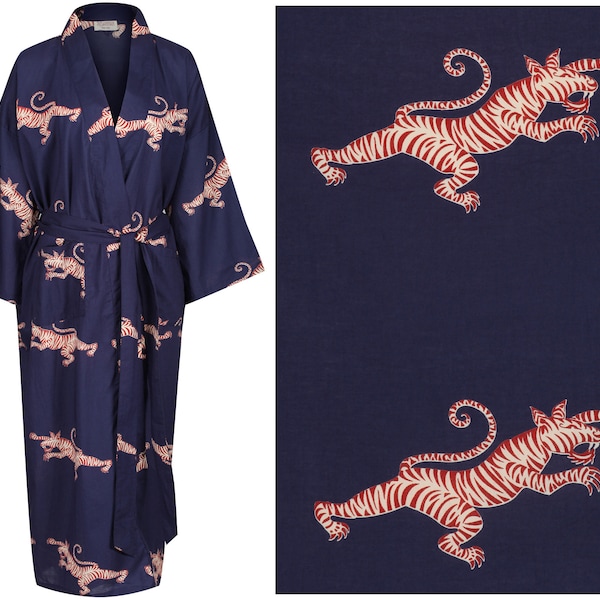 Susannah Cotton Kimono Robe Ladies Dressing Gown - Hand Printed 100% Cotton Bathrobe for Women - Fighting Tigers Lightweight Robe Yukata