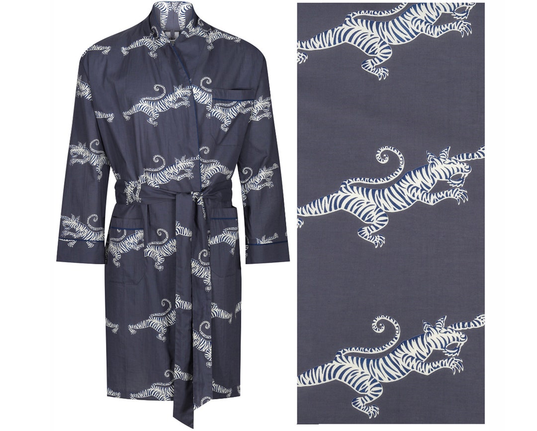Men's Cotton Dressing Gown Lightweight Robe Blue Cream & Grey Tigers