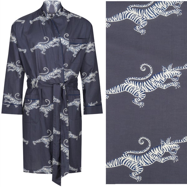 Peignoir en coton pour homme - Peignoir léger - Peignoir bleu crème et tigres gris - Peignoir pour homme - Yukata 100 % coton - Kimono pour homme