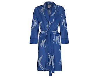 Bata para Caballero - Azul Oscuro con Ave Blanca de Cola Larga - 100% algodón orgánico súper-fino