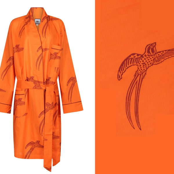 Susannah Cotton Men's Dressing Gown - Lightweight Robe - Orange Bird Robe - Male Bathrobe - 100% Organic Yukata - Kimono Robe for Men