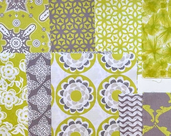 Fabric squares 8.5 inches, 20 quilt squares, Impressions, Ty Pennington, chartreuse, grey, white, quilting cotton, floral, block print