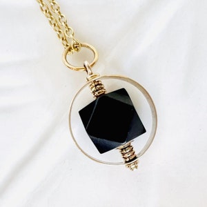 Solid 14K Yellow Gold Genuine Azabache Spinner Ringed Pendant, New