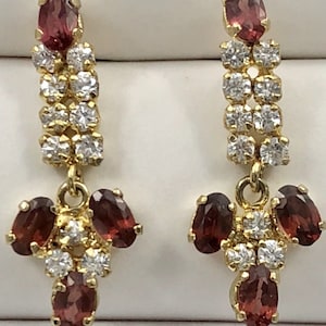 Genuine Pyrope Garnet & Cz Dangle Earrings 18Kt Yellow Gold Overlay, 1&quot; New
