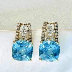 Solid 10K Yellow Gold Genuine Blue Topaz & Diamond Stud Earrings, New