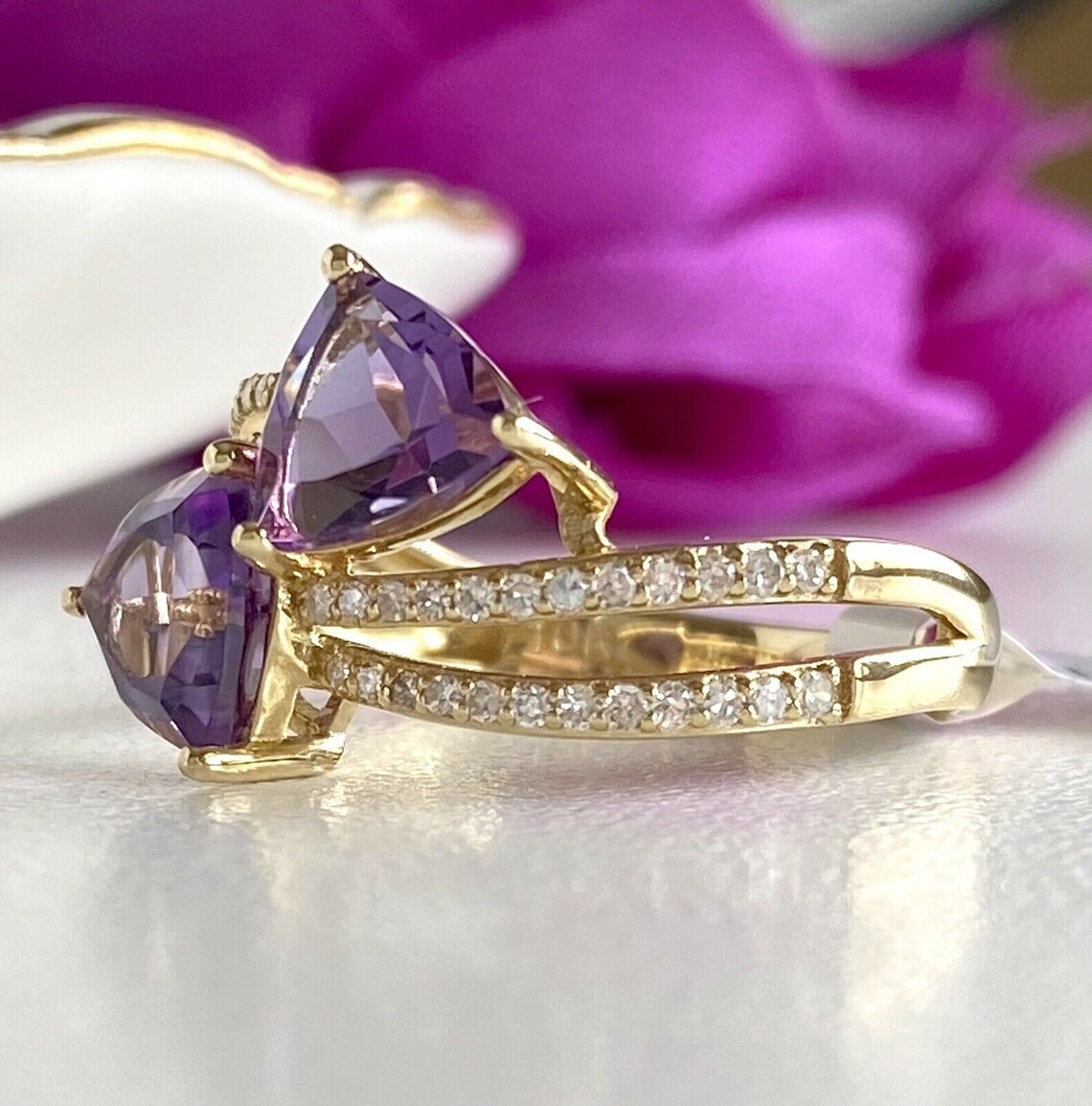 Genuine Amethyst Trillion and Diamond Solid 10k Yellow Gold Etsy