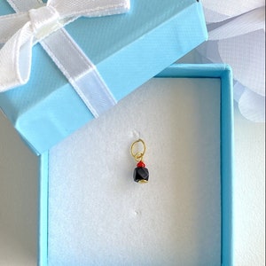May include: A small black gemstone charm with a gold loop and red beads hanging from a light blue gift box.
