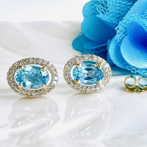 Solid 10K Yellow Gold Genuine Blue Topaz & Diamond Halo Oval Stud Earrings, New