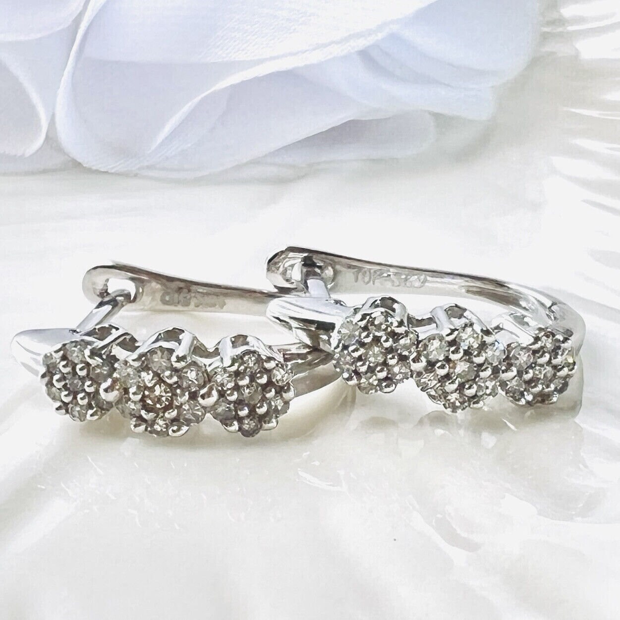 Solid 10K White Gold Diamond Rosette French-style Leverback