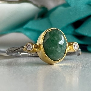 Antiqued Sterling Silver 22K Yellow Gold Green Quartz Ring Size 5/6.25