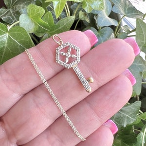 Solid 10K Yellow and White Gold & Diamond Hexagonal Skeleton Key Pendant Necklace,