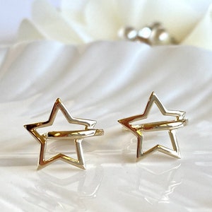 Solid 14K Yellow Gold 5 Point Star Hoop Earrings, New