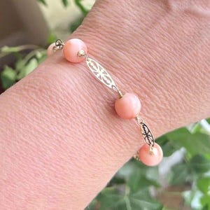Genuine Salmon Coral Solid 14K Yellow Gold Plaque Bracelet, New 7.75”