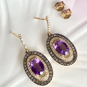 Solid 14K Yellow Gold Genuine Amethyst & Diamond Halo Dangle/Drop Earrings, New