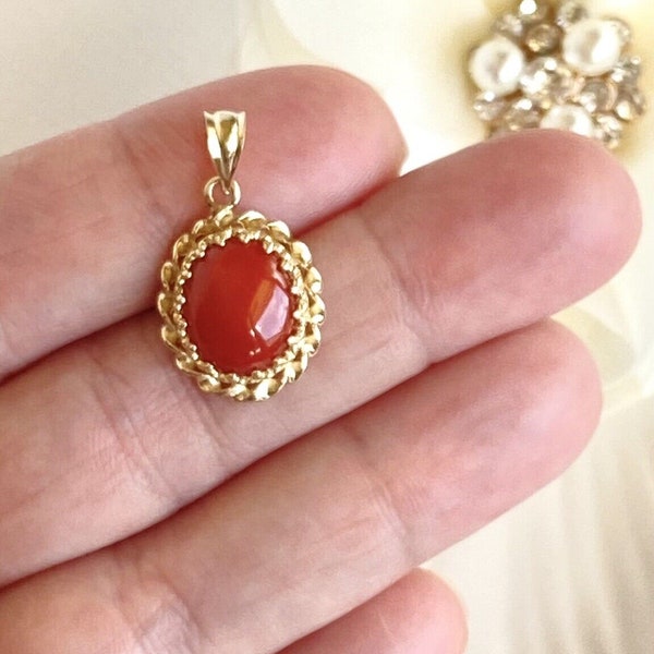 Lg Untreated Mediterranean Red Coral &14K Yellow Gold Handcrafted Pendant, New