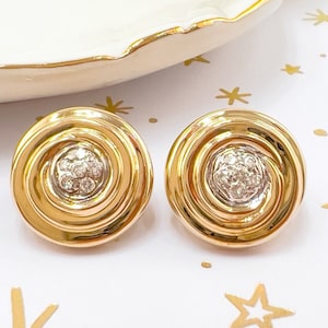 14K Yellow Gold Diamond Swirl &quot;Button&quot; Post & Omega Clip Earrings
