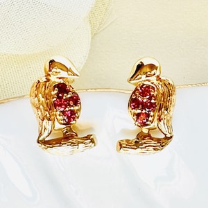 Solid 14K Yellow Gold Genuine Garnet Bird Stud Earrings, New