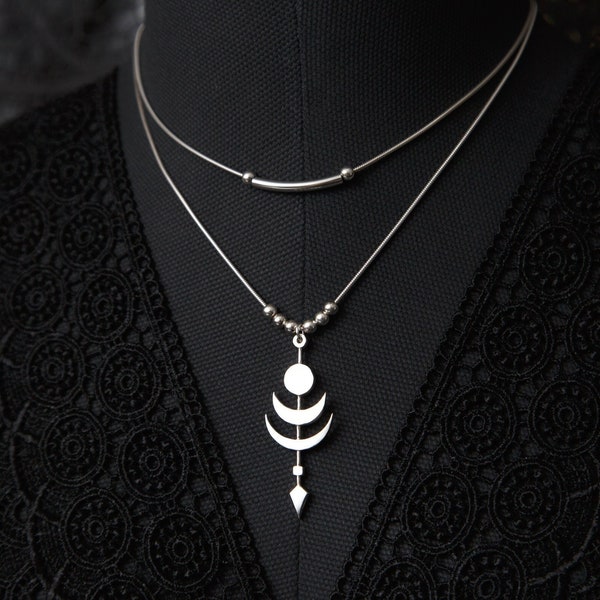 Cosmic Twilight 2 layer moon, sun and arrow choker. 925 Sterling silver multi strand moon necklace. Moon Phase pendant. By Molax Chopa Tribe