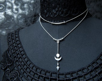 Midnight Eclipse, 2 layer moon, sun and arrow choker. 925 Sterling silver multi strand moon necklace. Silver Moon Phase By Molax Chopa Tribe