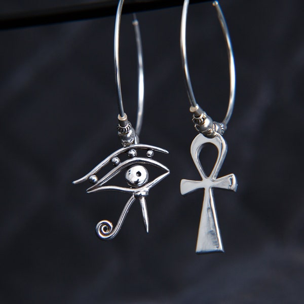 Mismatched Sterling Silver Eye of Horus Egyptian ankh hoop earrings, Amala. Eye of Ra earrings. Ahava, key of life. by Molax Chopa Tribe.