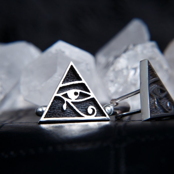 Eye of Horus Sterling Silver Pyramid cufflinks. 925 Egyptian Ra cufflinks. Unique mens jewelry. Tribal triangle cufflinks. Molax Chopa Tribe