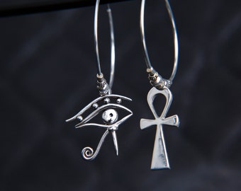 Mismatched Sterling Silver Eye of Horus Egyptian ankh hoop earrings, Amala. Eye of Ra earrings. Ahava, key of life. by Molax Chopa Tribe.