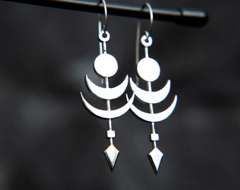 Cosmic Twilight, unique Moon, sun and arrow silver earrings. Handcrafted 925 Sterling Silver Moon goddess earrings by Molax Chopa Tribe.