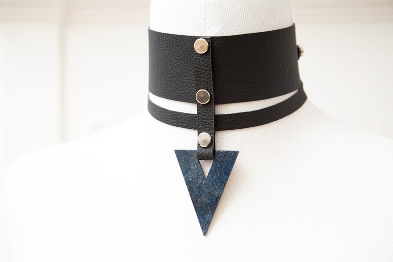 Wide band collar with studs Molax Chopa Tribe Black leather choker with lapis lazuli water sign pendant ZARYA Triangle Gemstone pendant