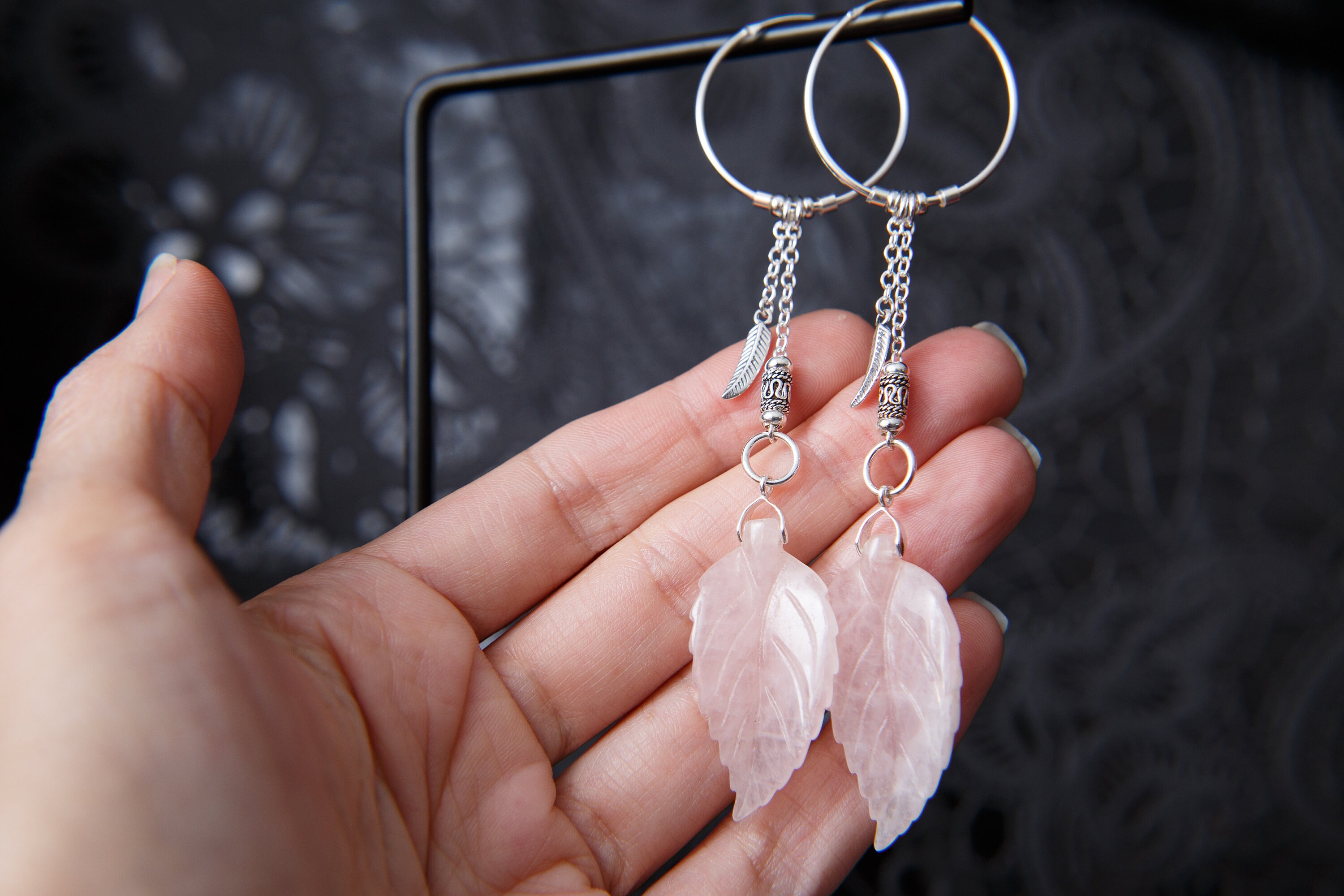 Tiva. Rose Quartz leaf earrings. Long Feather hoop earrings. Bali style 925 Sterling silver rose quartz nature earrings by Molax Chopa Tribe