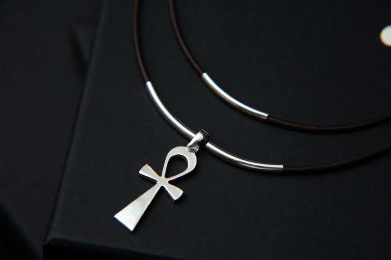 Ahava. Egyptian Large-scale sale Super intense SALE Ankh Leather necklace. Sterling choker silver