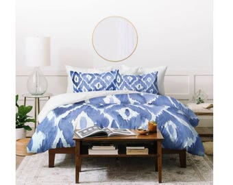 Duvet Cover Painterly Ikat in Indigo Blue Watercolor Design, shibori, hygge, bedding, bedspread, comforter, bedroom design, bedroom decor
