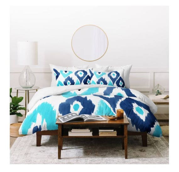 Duvet Cover Malibu Blue Ikat Watercolor Design Navy Blue White Turquoise Bedding Comforter Bedspread Bedroom Decor Apartment