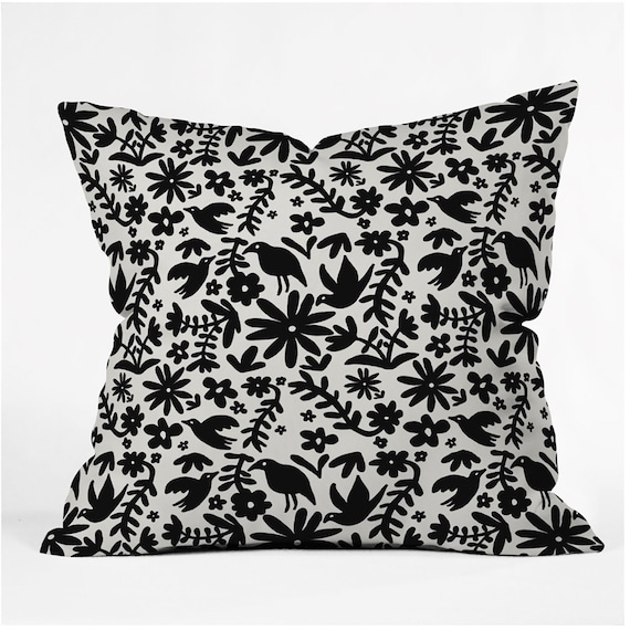 Otomi Throw Pillow, Mexican Folk Art Print, Black and White