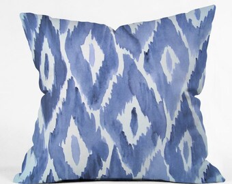 Indigo Ikat Throw Pillow, Watercolor Print
