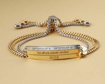 Custom Name Bracelet, Personalized Minimal Adjustable Stainless Steel Bar Bracelet