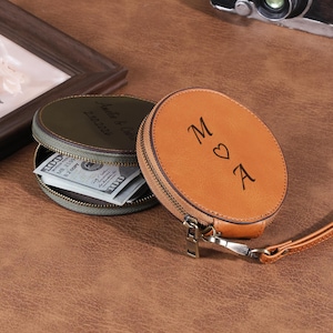 Personalized Round Leather Card Holder, Engraved Initial Name Wallet With Wristlet, Mini Coin Purse Charm,  Custom Gift for Her
