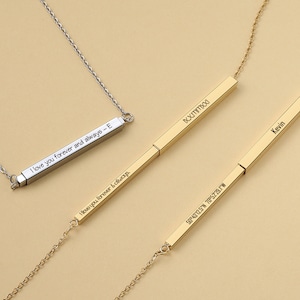Personalised Vertical Name Bar Necklace, Retractable 3D Bar Necklace, Secret Message Bar, Engraved Jewellery Gift For Her, Mothers Day Gift