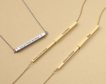 Personalised Vertical Name Bar Necklace, Retractable 3D Bar Necklace, Secret Message Bar, Engraved Jewellery Gift For Her, Mothers Day Gift