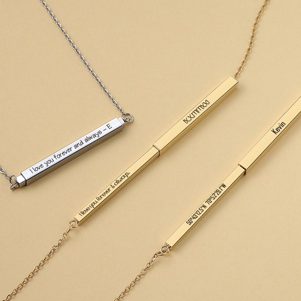 Personalised Vertical Name Bar Necklace, Retractable 3D Bar Necklace, Secret Message Bar, Engraved Jewellery Gift For Her, Mothers Day Gift