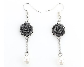 Flower Jewelry -Pearl Earrings -Bridesmaid Jewelry -Black Flower Earrings -Girlfriend Gift -Valentine's Day Gift