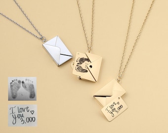 Personalized Envelope Locket Necklace, Custom Fingerprint Signature Handwriting Necklce, Memorial Jewelry
