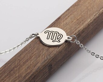 Pulsera con el signo del zodíaco: delicado dije de disco de latón, joyería de la constelación de Virgo