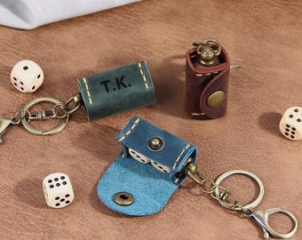 Personalised Dice Keyring, Leather Dice Case Holder Keychain, Custom Portable Dice Storage Pouch for Gamers,  Father's Day Gift for Dad