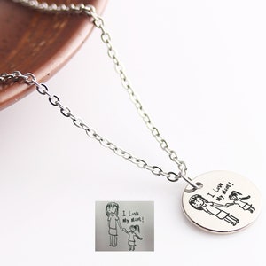Actual Child's Drawing Necklace, Handwriting Necklace, Signature jewelry, Personalized disc Necklace, Gift for Mom from Son or Daughter