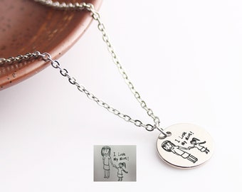 Actual Child's Drawing Necklace, Handwriting Necklace, Signature jewelry, Personalized disc Necklace, Gift for Mom from Son or Daughter