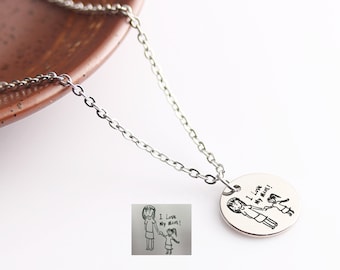 Child's Drawing Necklace, Personalized Stainless Steel Disc, Handwriting Jewelry