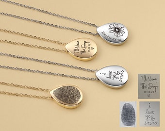 Fingerprint Tear Drop Necklace, Signature necklace, andwriting Necklace, Thumbprint necklace, HMemorial Necklace,  Remembrance necklace