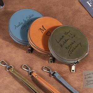 Personalized Round Leather Card Purse Holder, Engraved Initial Name Wallet With Wristlet, Mini Coin Purse Charm,  Custom Gift for Her